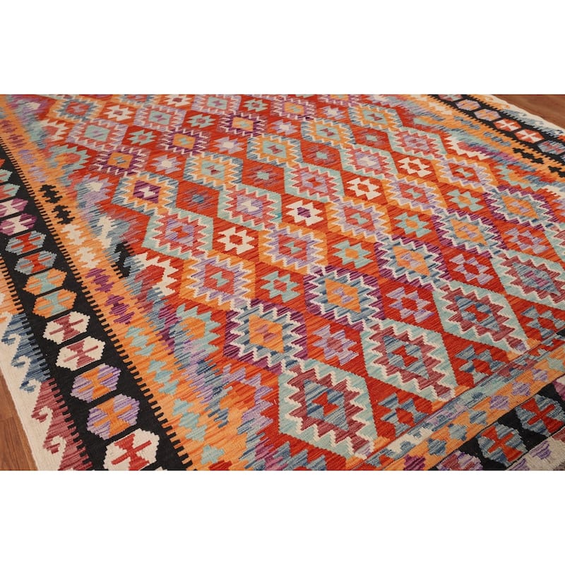 Orange Kilim Area Rug Hand-Woven Reversible Wool Carpet - 8'5" x 11'5"