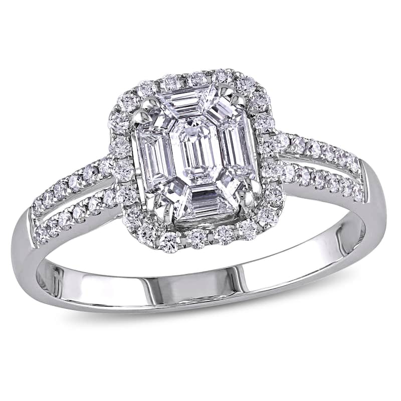 Miadora 3/4ct TDW Parallel Baguette Round Diamond Halo Split Shank Engagement Ring in 18k White Gold