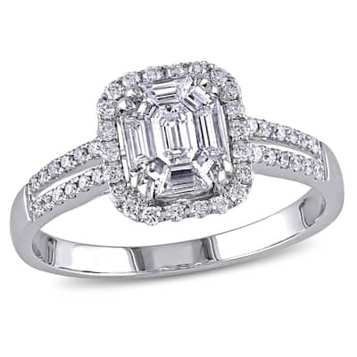 Miadora 3/4ct TDW Parallel Baguette Round Diamond Halo Split Shank Engagement Ring in 18k White Gold