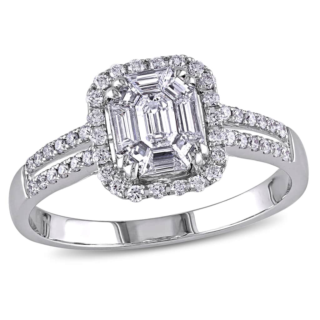 Miadora 3/4ct TDW Parallel Baguette Round Diamond Halo Split Shank Engagement Ring in 18k White Gold