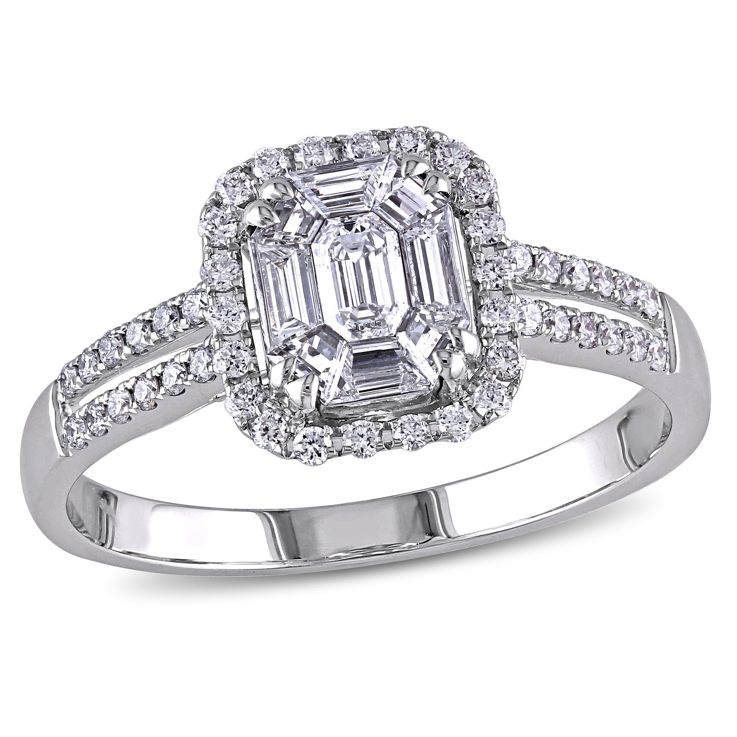 Miadora 3/4ct TDW Parallel Baguette Round Diamond Halo Split Shank Engagement Ring in 18k White Gold