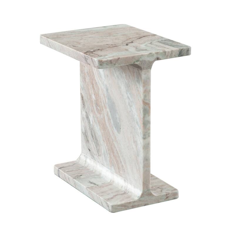 Isy Accent End Table, 15 Inch Natural Tan Brown I-Beam Shaped Marble