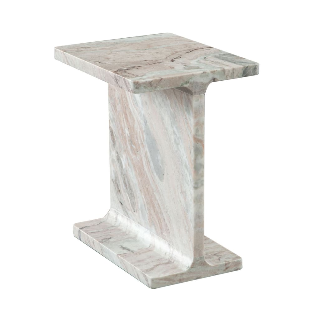 Isy Accent End Table, 15 Inch Natural Tan Brown I-Beam Shaped Marble