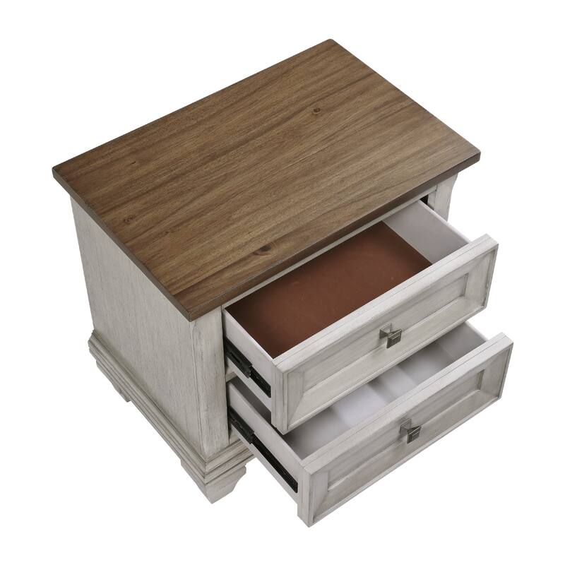 Giny Nightstand, 2 Drawers, Brown and Antique Gray Acacia Wood Top