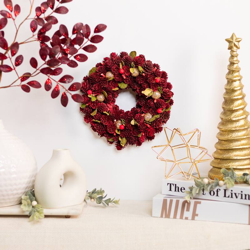 Red Gold Pine Cone Ornament Artificial Christmas Wreath, 9.5", Unlit