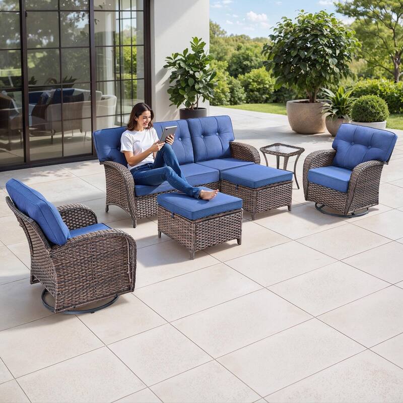 Gymojoy 6-Piece Outdoor Wicker Patio Furniture Set, 5" Thick Cushioned Rattan Set with Swivel Chairs & Ottomans