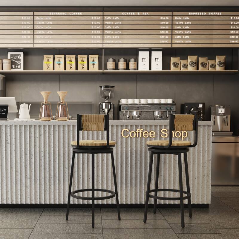 Modern Bar Stools Swivel Counter Chairs with Metal Frame Set of 2 Hand Woven Paper Rope Dining Barstools for Kitchen Counter