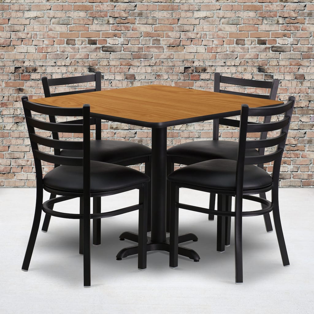 36'' Square Laminate Table Set with X-Base and 4 Ladder Back Metal Chairs