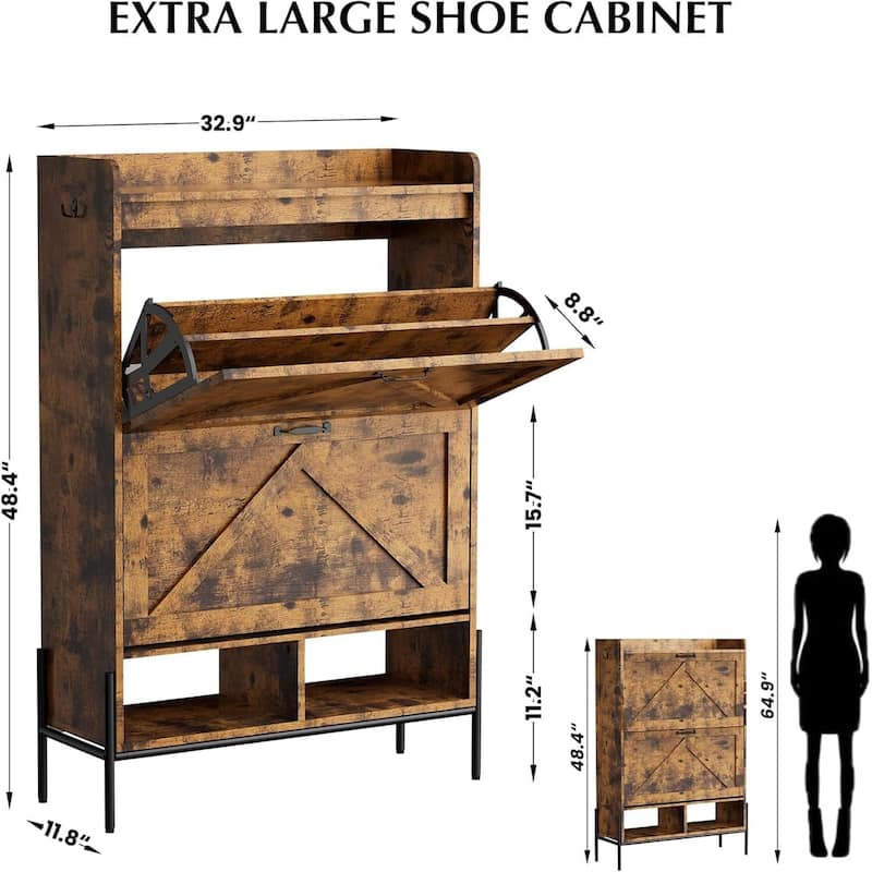 Shoe Cabinet with 2 Flip Drawers and Open Shelves