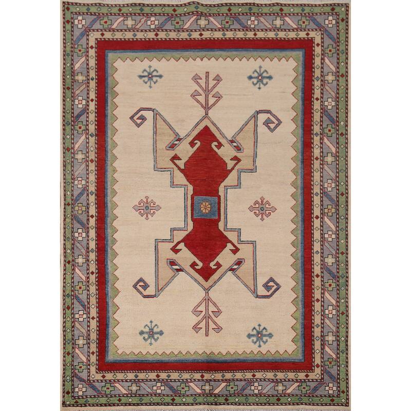 Geometric Beige Kazak Oriental Rug Hand-Knotted Bedroom Wool Carpet - 5'0" x 6'6"