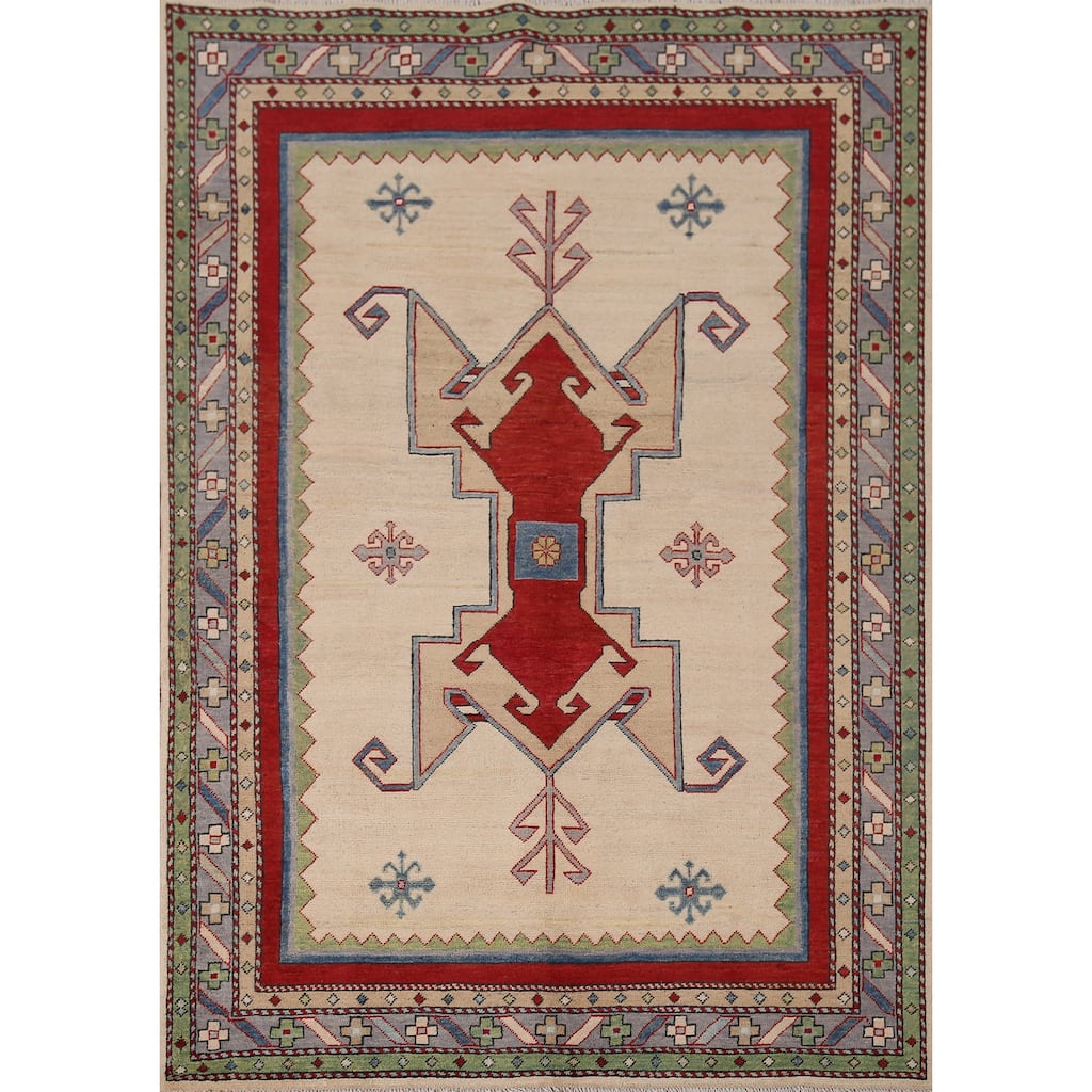 Geometric Beige Kazak Oriental Rug Hand-Knotted Bedroom Wool Carpet - 5'0" x 6'6"