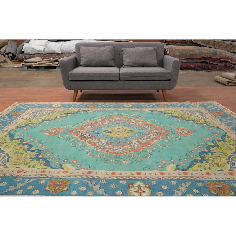 Hand Knotted Oriental 100% Wool Carpet Traditional Floral Navy Blue & Blues Tabriz Area Rug - 9' 7'' X 6' 5''