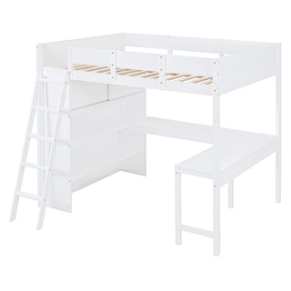 Space-Saving Full Size Wood Loft Bed with Desk and Shelf, White