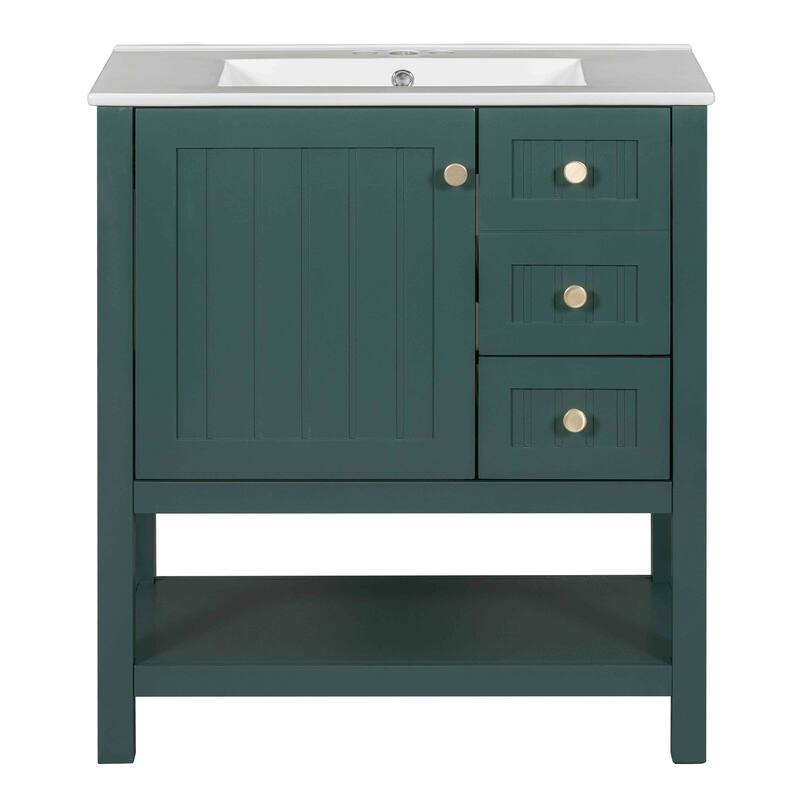 Freestanding Bathroom Vanity Storage Cabinet with Vertical Stripe Groove Decoration, Open Storage, Door Storage and Drawers