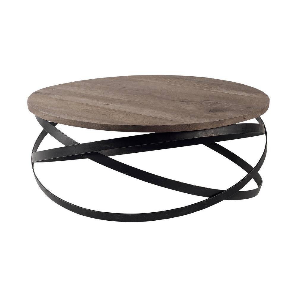 Triumph 40" Round Brown Solid Wood Top Black Metal Base Coffee Table