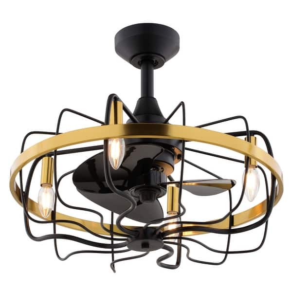 slide 2 of 8, Kenton 21 in. Black and Satin Brass Fandelier Ceiling Fan, Black Blades, Dimmable LED Light Kit, Remote, Metal Wire Cage Shade 21-in W x 17.75-in H x 21-in D - Black and Satin Brass
