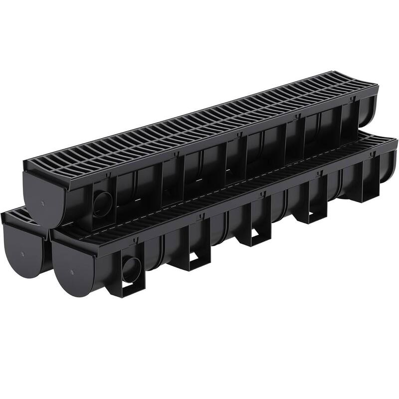 3-Piece High-Efficiency Surface Drainage Trench Drain System for Yard, Driveway, Garden, Patio & Sidewalk - N/A - Black