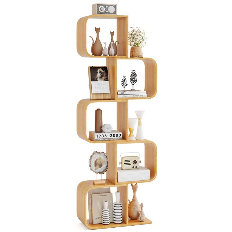 Gymax 5-Tier S-Shaped Bookcase w/ 5 Open Cubes Geometric Corner - Natural