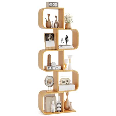 Gymax 5-Tier S-Shaped Bookcase w/ 5 Open Cubes Geometric Corner
