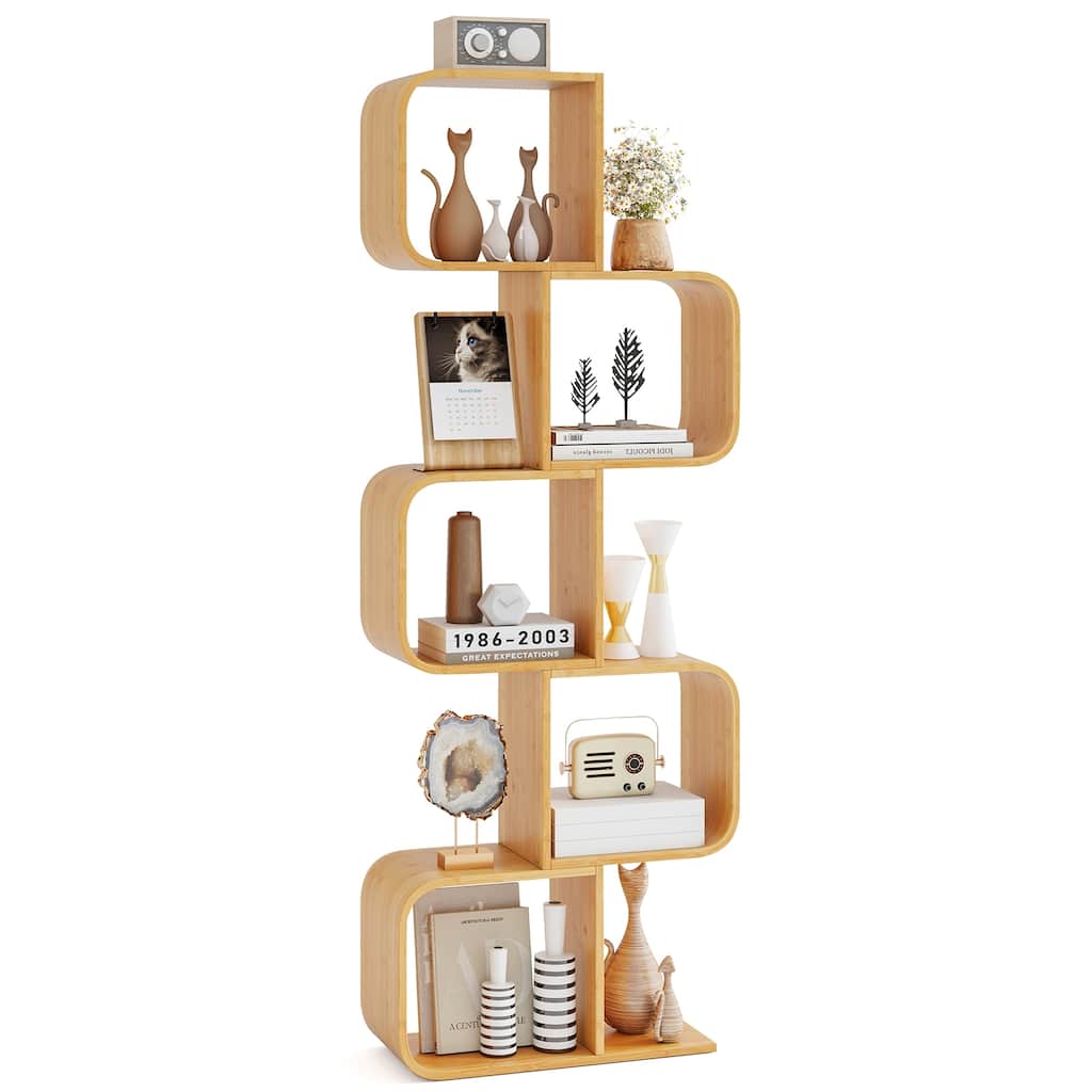 Gymax 5-Tier S-Shaped Bookcase w/ 5 Open Cubes Geometric Corner