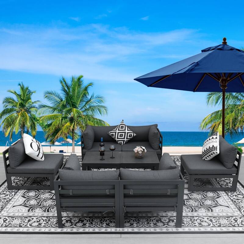 FINCATI Aluminum Outdoor Patio Furniture Conversation Sectional Sofa Set - 8 Pieces/Sectional - Dark Grey