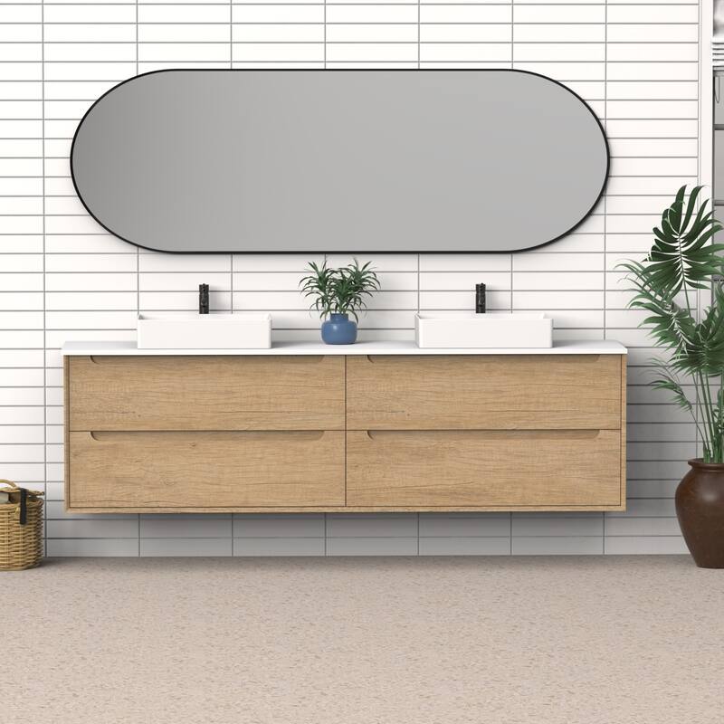 84" Solid Wood Bathroom Vanity with White Quartz Countertop Ceramic Vessel Sink