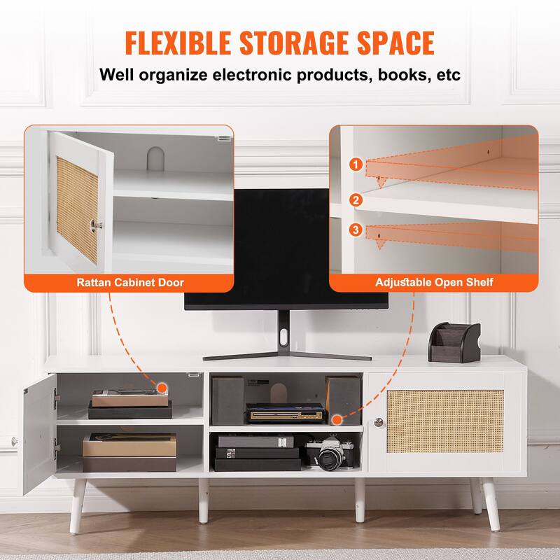 Modern Rattan TV Console for 65 Inch TV with Built-in Power Outlet - 55.1 x 15.8 x 19.7in