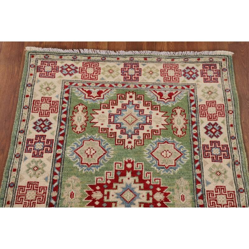 Light Green Geometric Kazak Oriental Accent Rug Handmade Wool Carpet - 2'7" x 3'10"