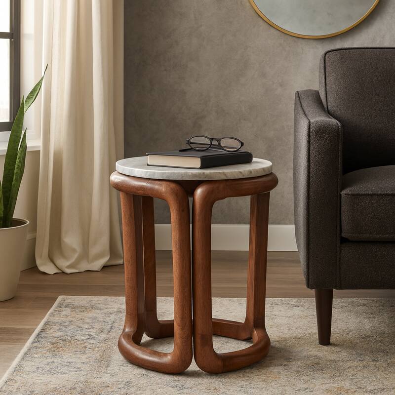 Marble Round Top Inlay Wood End Table - Ivory, 18 in. - 14" x 14" x 18" - Wood - 14" x 14" x 18" - Ivory