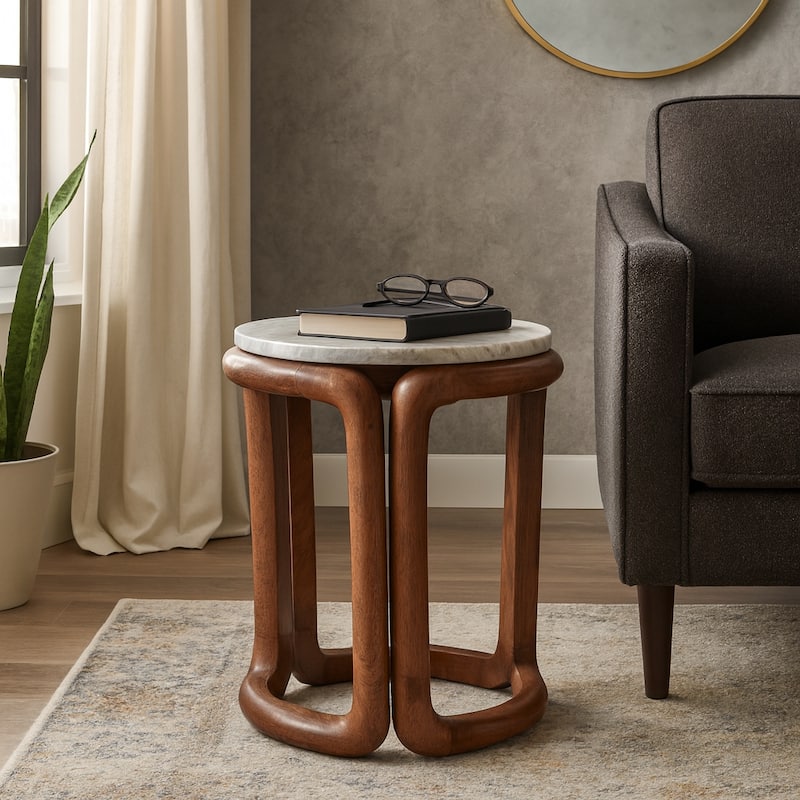 Marble Wood Accent Table Round Stone Surface Solid Frame - 18" Ivory - 14" x 14" x 18"