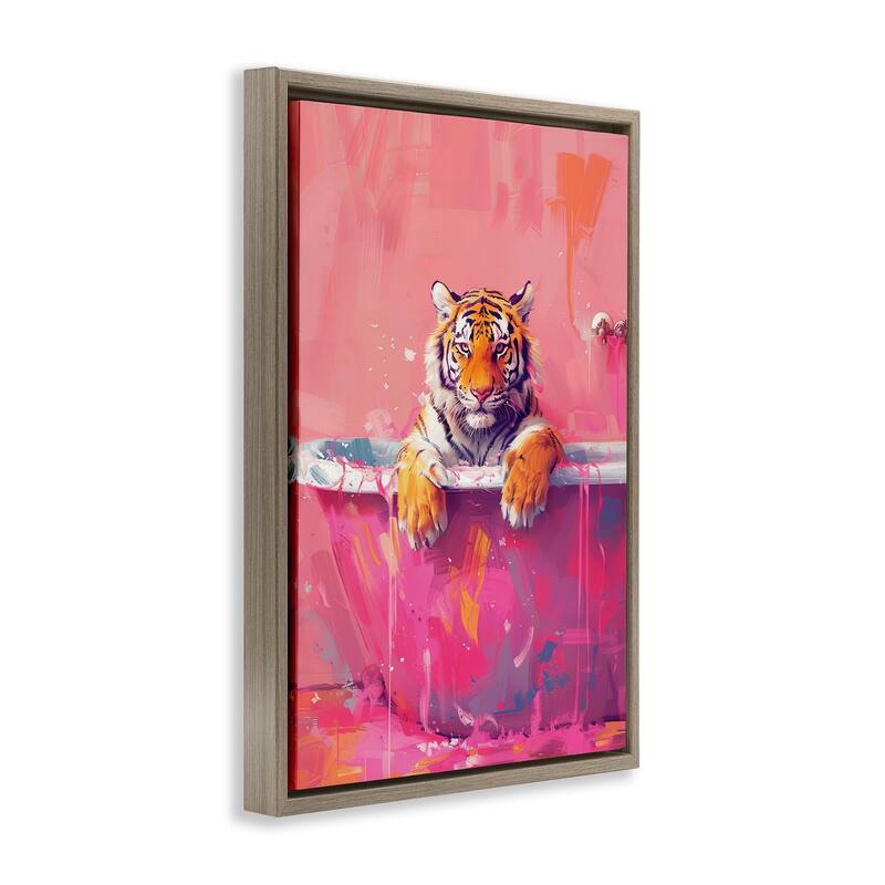 Stupell Bright Bathing Tiger in Tub Framed Floater Canvas Wall Art Design By LSR Design Studio