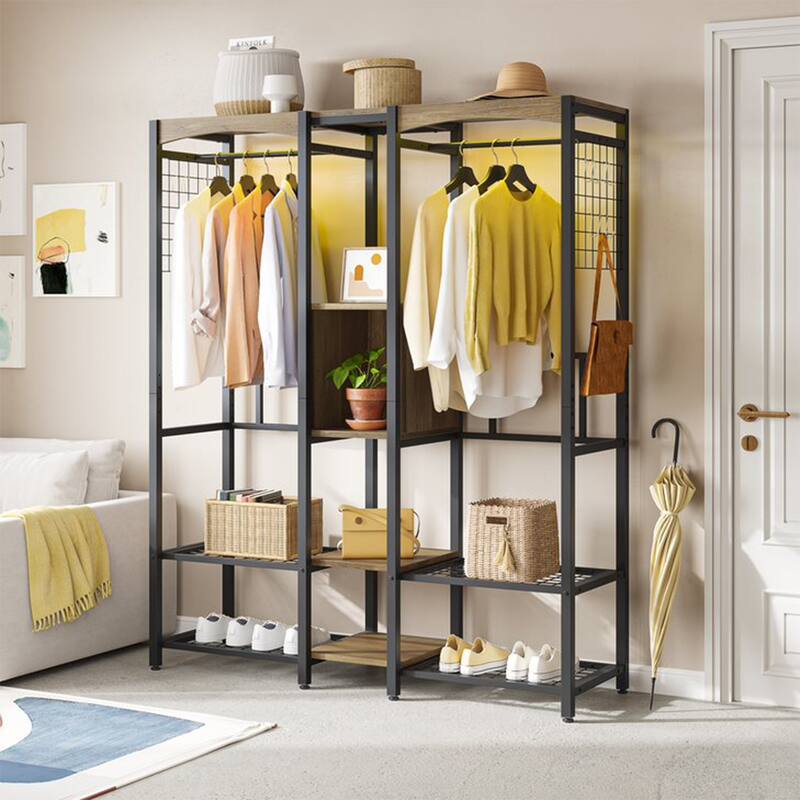 Bestier Metal Freestand Wardrobe w/Wood Shelves & Color Changing Lights, Oak - 77.73