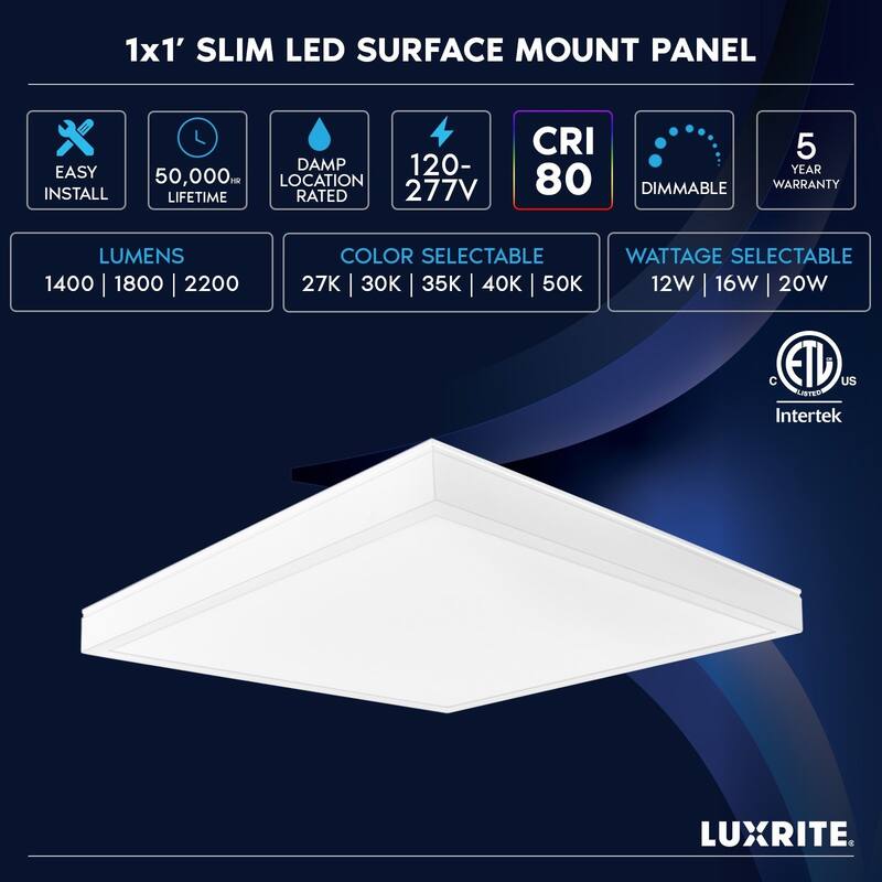 LUXRITE 1x1 FT. Slim Surface Mount Panel Light 5CCT Dimmable 1400/1800/2200 Lumens 12/16/20W Edge Lit 2 Pack
