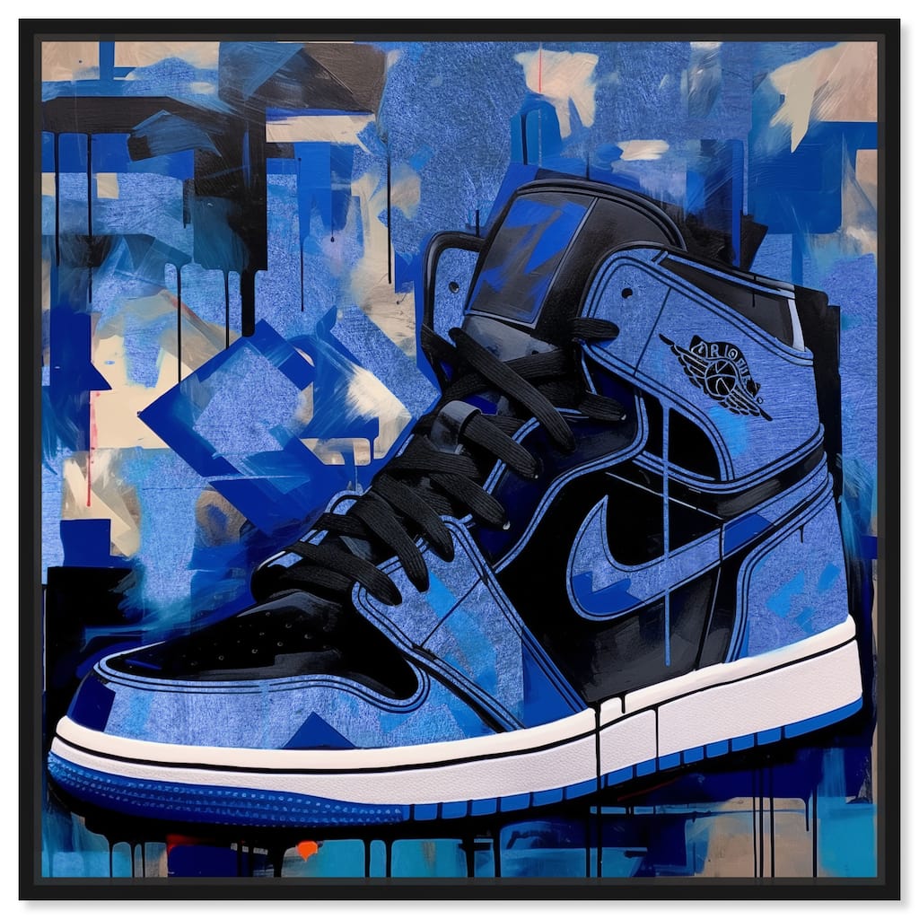 Notoriart Blue Brush Sneakers Framed Sneaker 1 Piece Canvas Wall Art