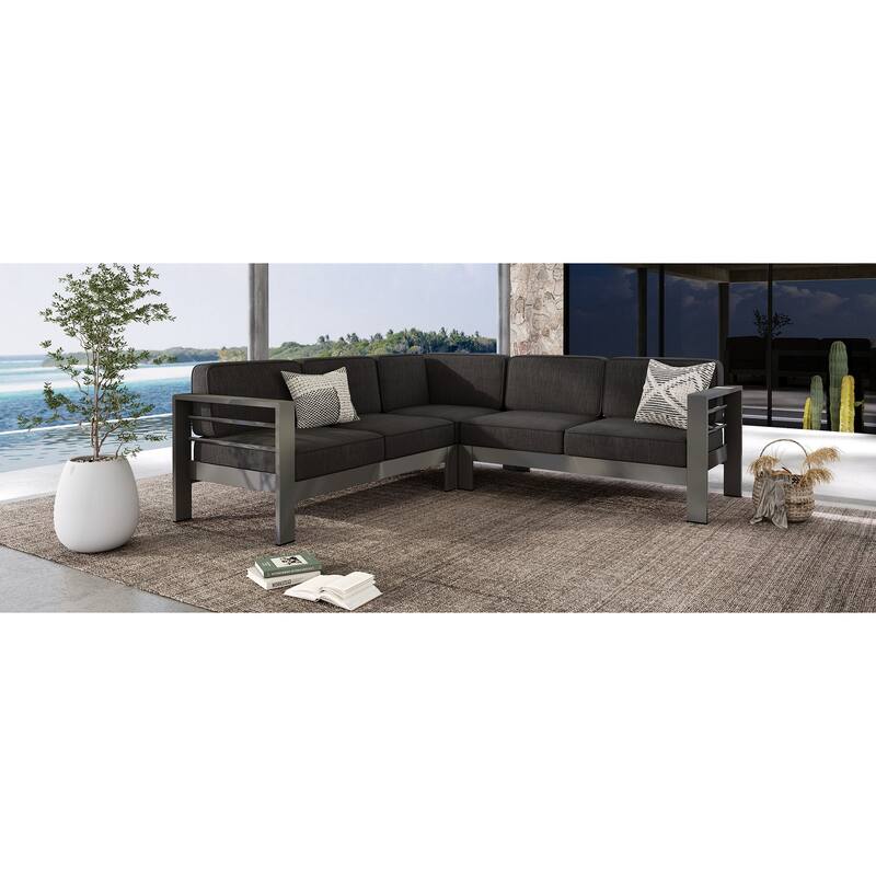 Christopher Knight Home - Ethan Outdoor V-Shaped Aluminum 4-Seat Sectional Sofa Set with Waterproof Cushion