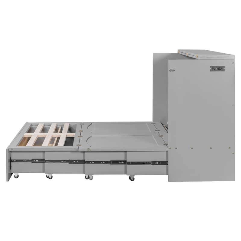 Full Size Murphy Bed Chest Wooden Wall Cabinet Bed with Drawer and Charging Station, Foldable Platform Wall Bed Frame