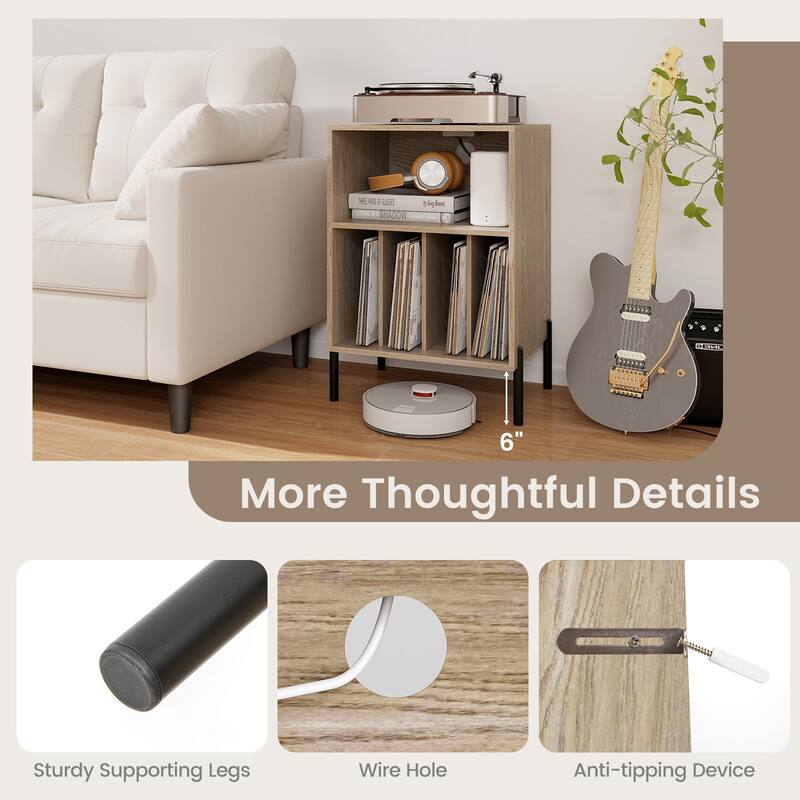 Gymax Record Player Stand w/Charging Station 5 Storage Compartments