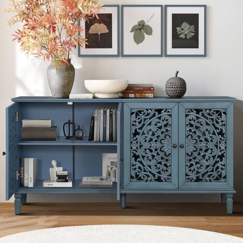 Floral Carvings with Solid Wood Legs&Antique Brass Handles&Adjustable Shelves, TV Stand for 65''+ TV, Sideboard