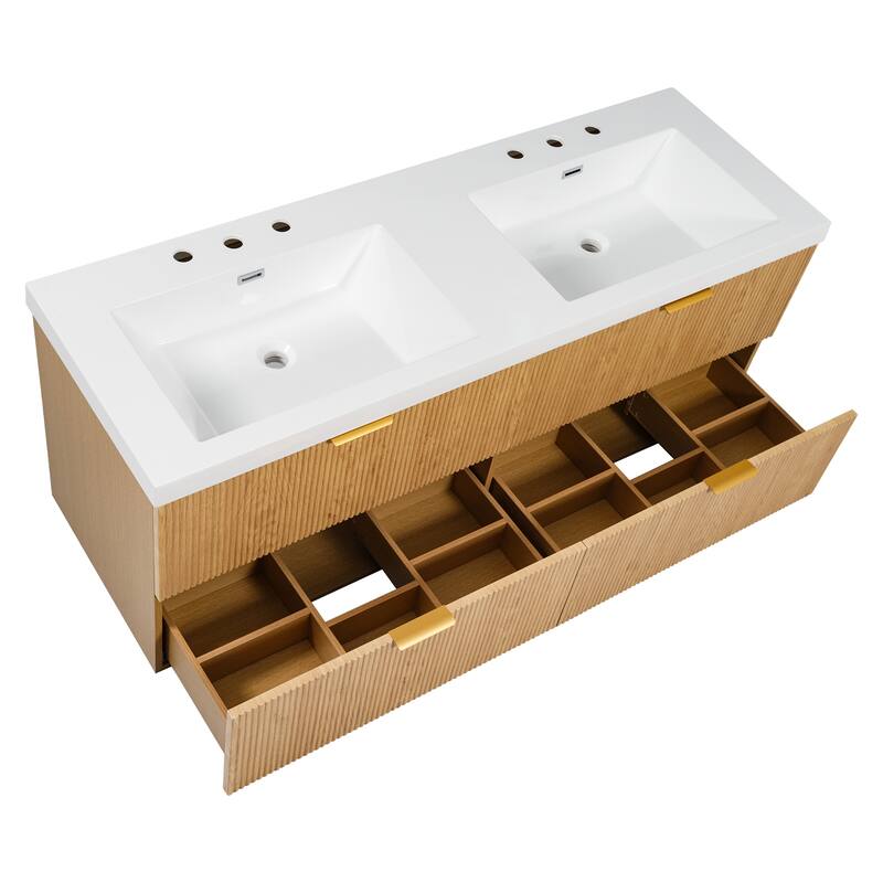 Floating Bathroom Vanity with Double Sink, Wall-Mounted Storage Vanity with 4 Drawers, SMC Integrated Basin - 59.3 Inch