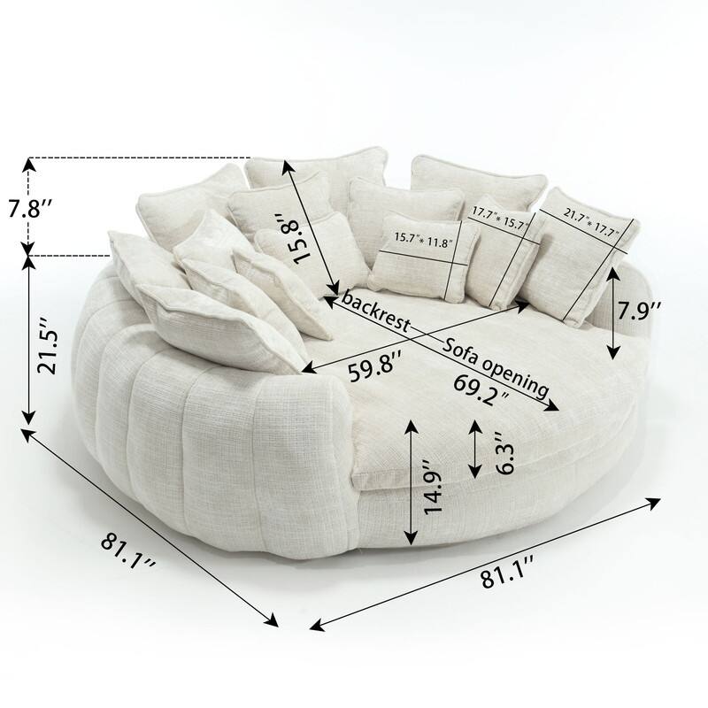 81.10" Double Bread Extra Large Round Sofa Bed with Armrests and Large Cushions