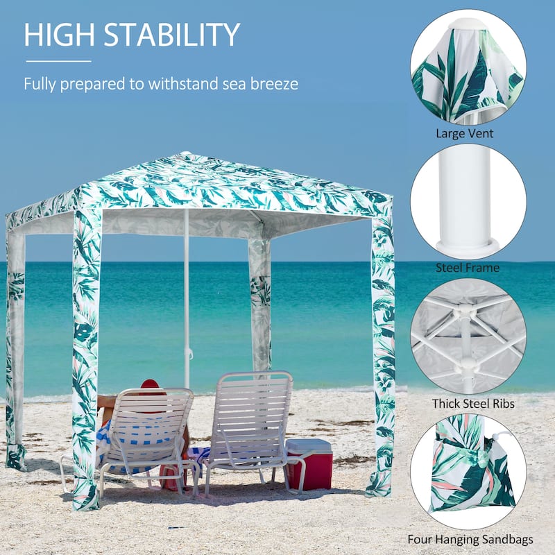 Quick Assembly Beach Cabana Canopy Umbrella with UV50+ Protection and Sandbags, Green Coconut Palm