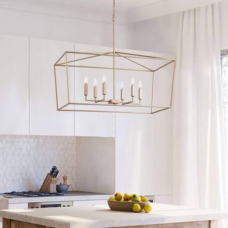 Farmhouse Rectangle 6-Light Kitchen Island Chandelier Over Table