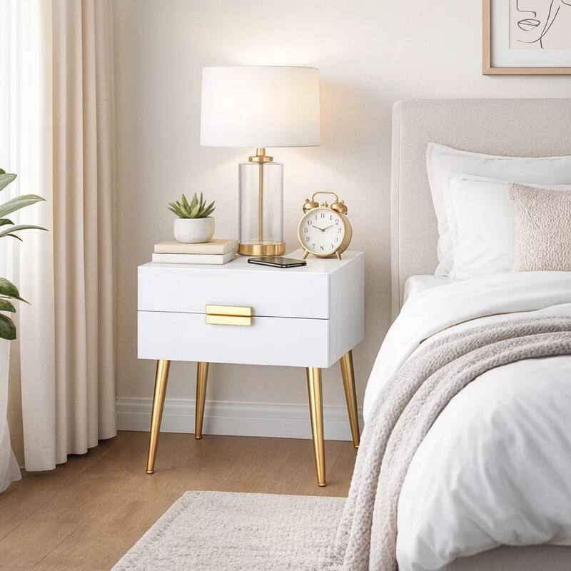 Denvor Square End Table with Drawers, White & Gold