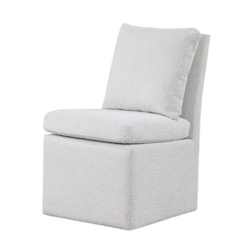 Ager Side Dining Chair with 6 Caster Wheels, Barrel Style, White Boucle