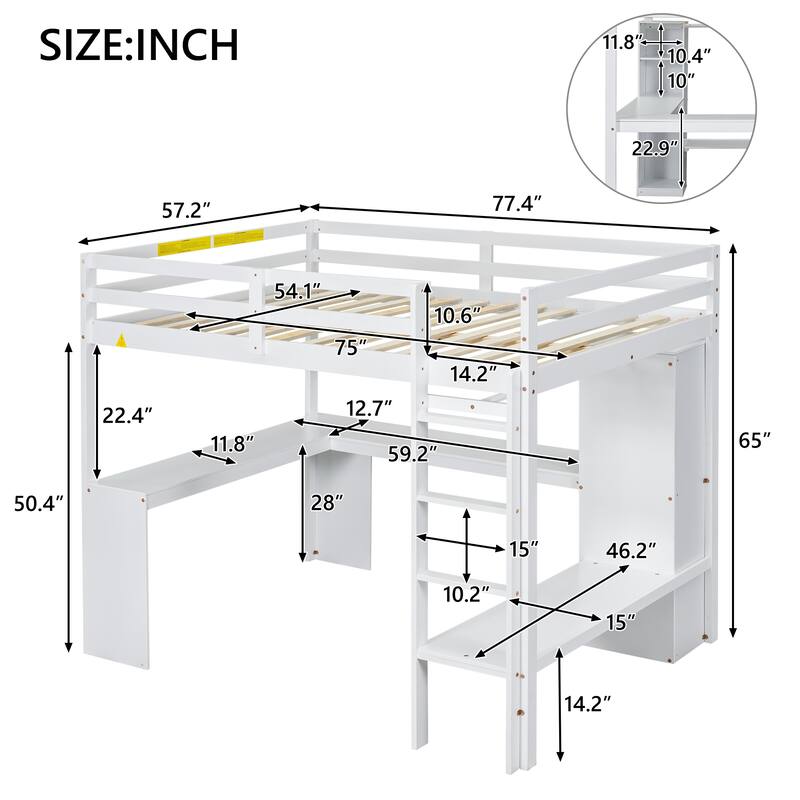 Full Size Solid Wood Loft Bed with L-shaped Desk & Storage
