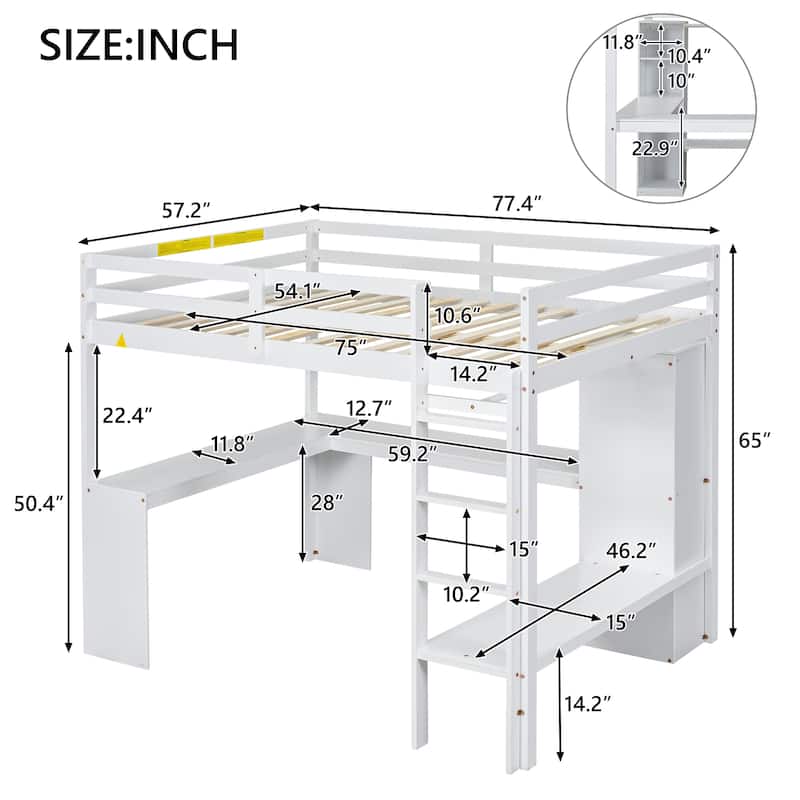Solid Wood Loft Bed with L-shaped Desk and Storage Shelves