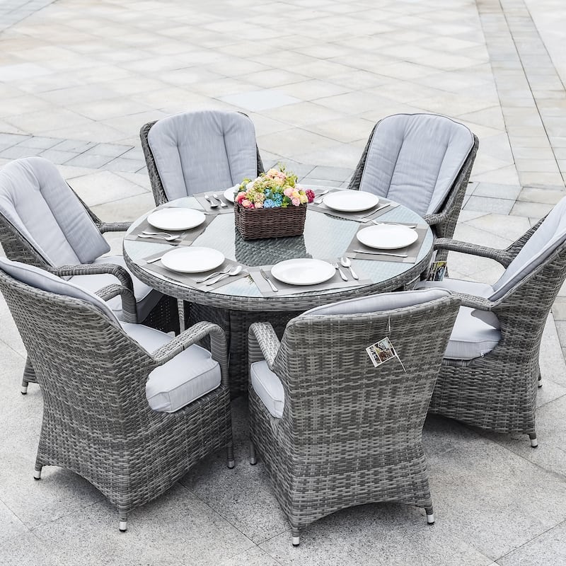 7 Pieces Outdoor Rattan Wicker Patio Round Dining Set with Cushions by Moda Furnishings - Grey