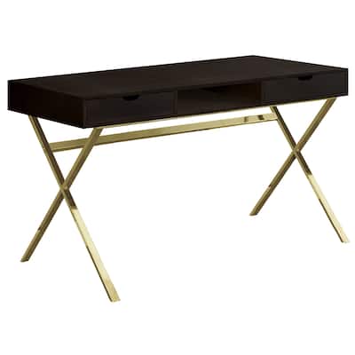 Dark Brown Wood Computer Desk with Gold Metal Base and 2 Drawers