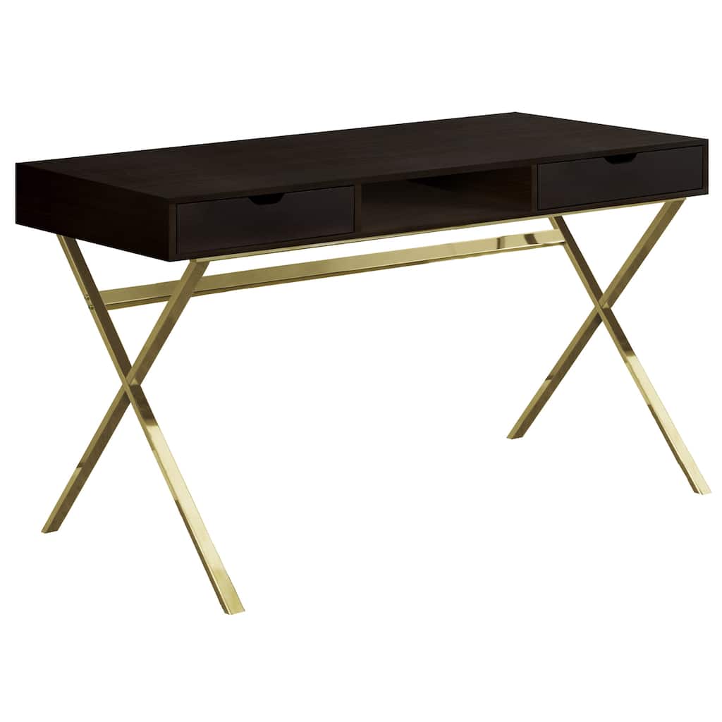 Dark Brown Wood Computer Desk with Gold Metal Base and 2 Drawers