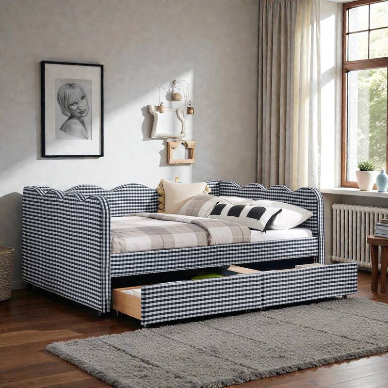 Full Size Gingham Upholstered Daybed with USB Port, Two Storage Drawers and Wave Shaped Design